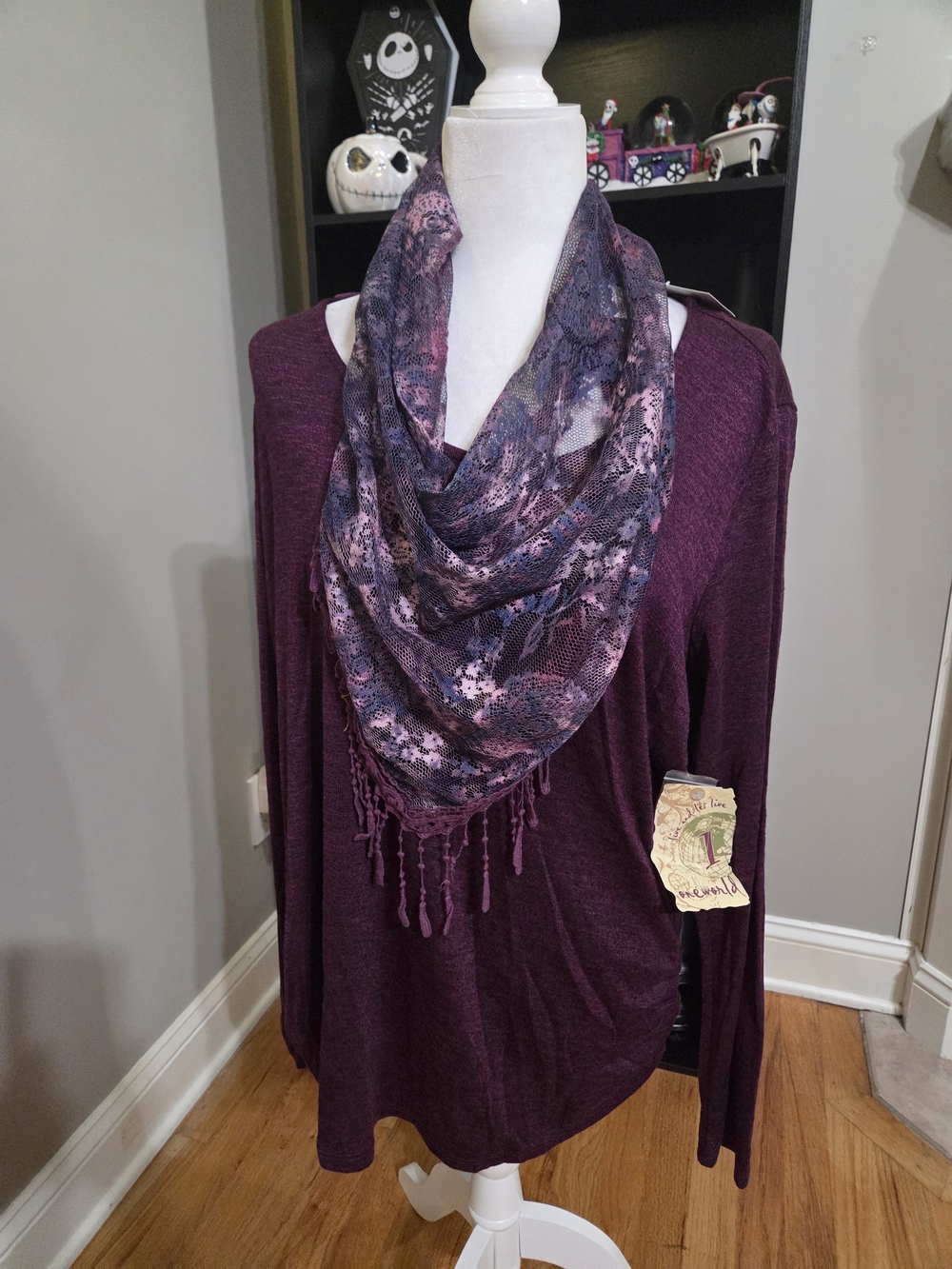 ONE WORLD Plum Floral Pattern Sweater With Infinity Scarf with Fringe